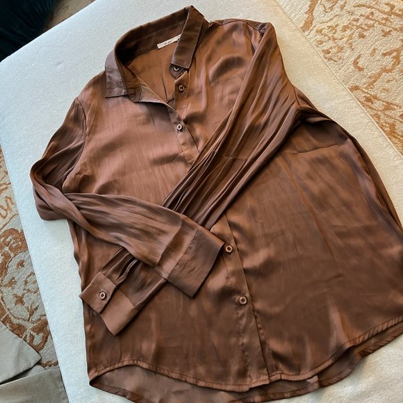 NWOT Miami Silk Brown Button Down Blouse Sz M - Picture 4 of 6